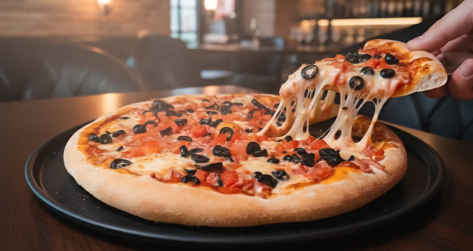 Pizza Napolitana con jamón, aceitunas y tomate